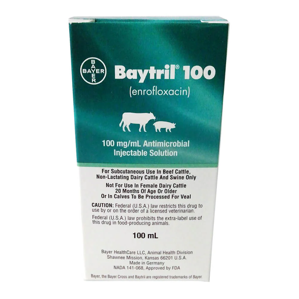 Rx Baytril 100 (enrofloxacin) 100mg/mL Antimicrobial Injectable Solution for Swine & Cattle - Pet's Shop