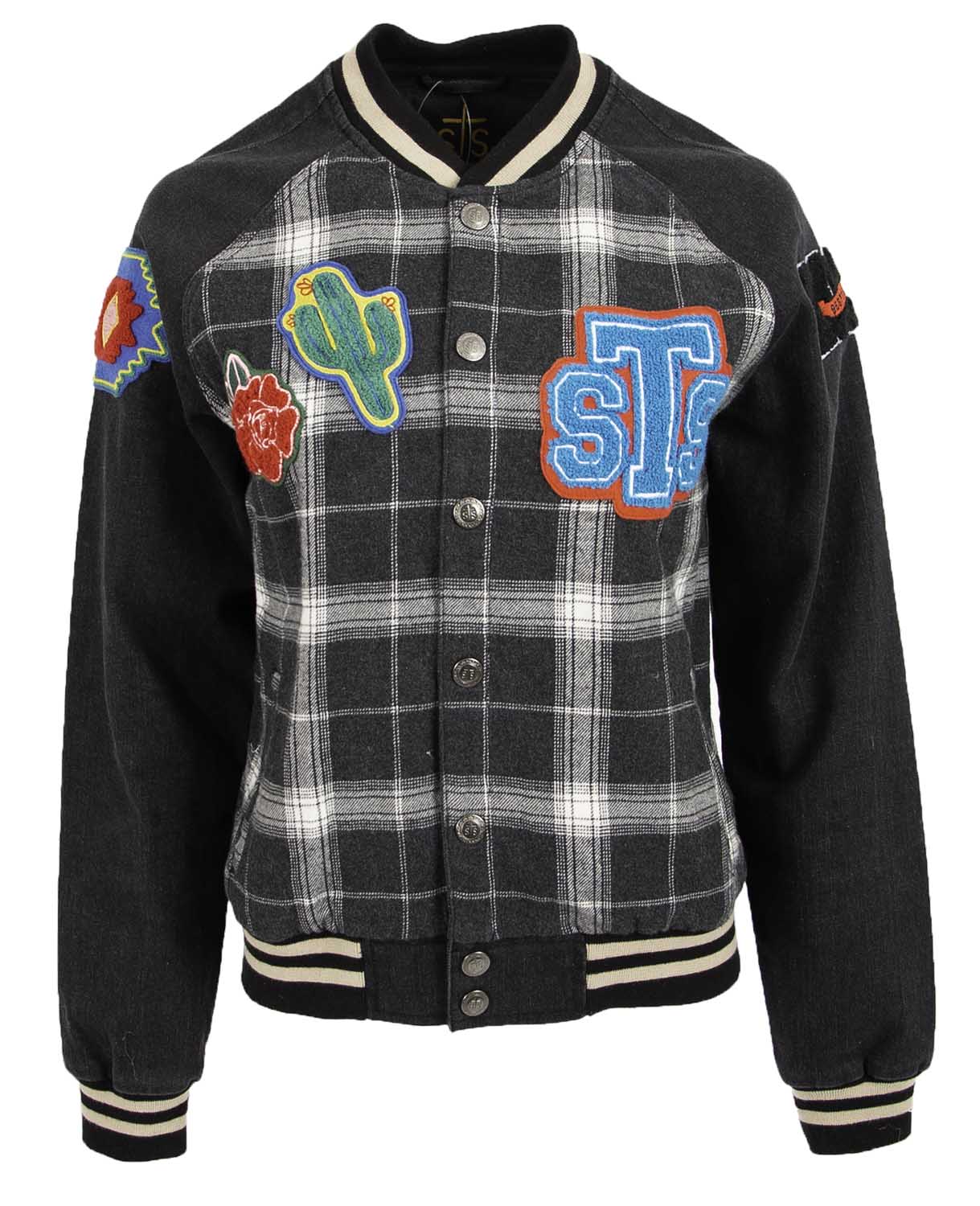 STS Ladies' Black Plaid Varsity Jacket with Patches - Pet's Shop