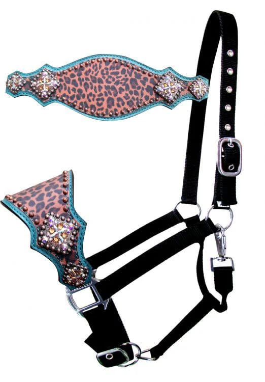 Showman Cheetah Bronc Halter, Cheetah/Teal - Pet's Shop