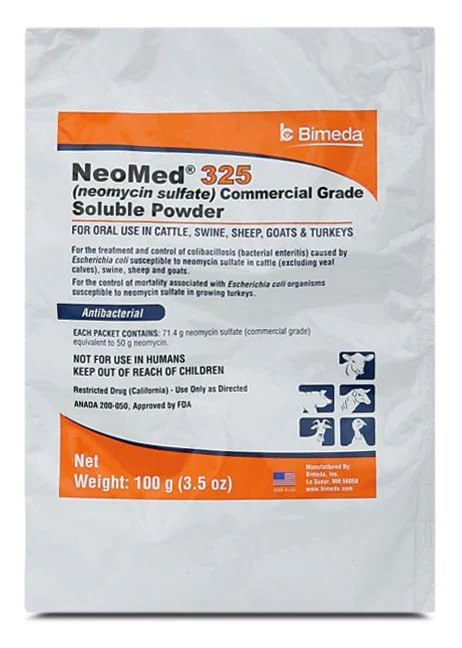 Rx Neomed 325 (neomycin sulfate commercial grade) Soluble Powder for Livestock, 100gm Bag - Pet's Shop