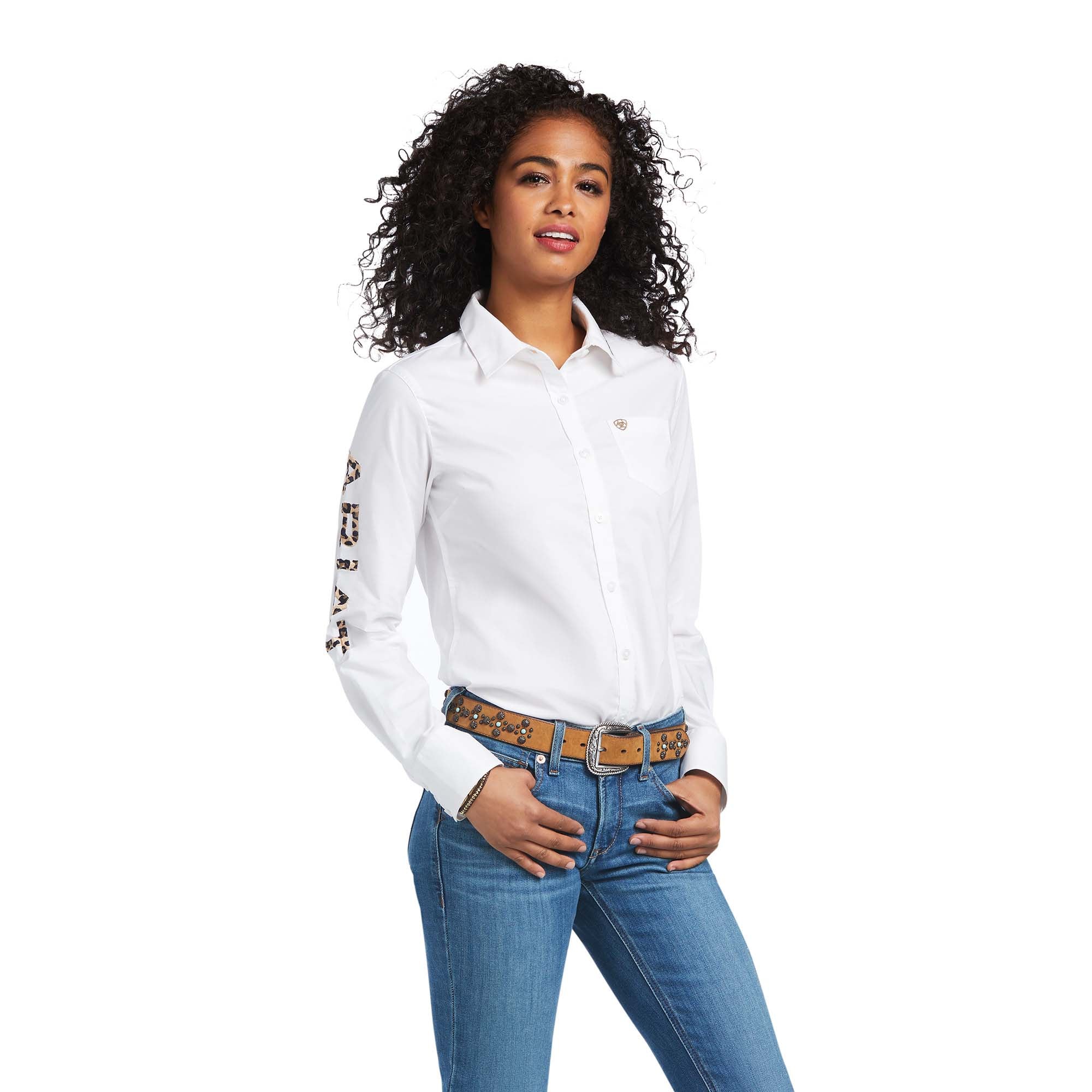 Ariat Women's Team Kirby Stretch Shirt, White with Leopard - Pet's Shop
