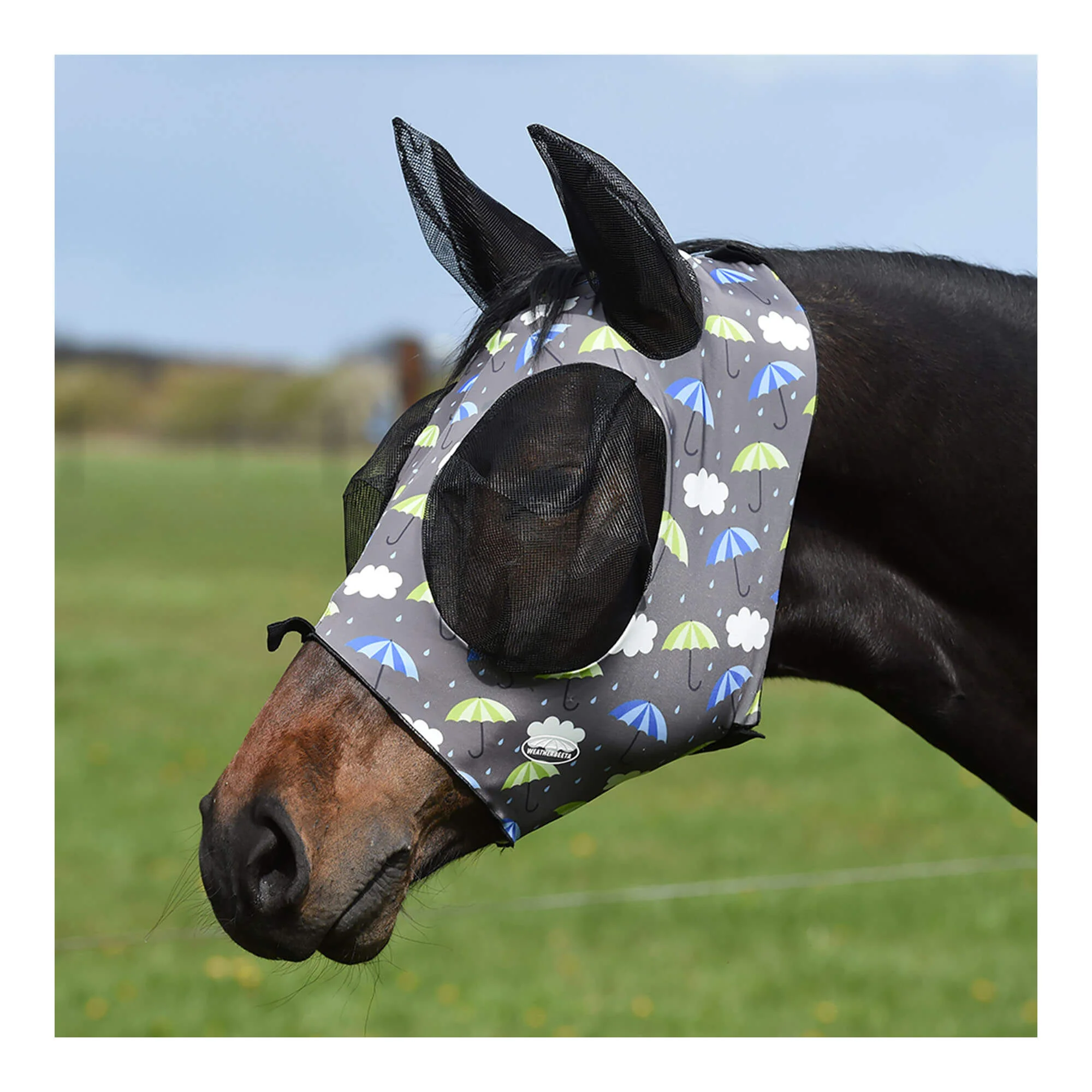 WeatherBeeta Stretch Bug Eye Saver Fly Mask with Ears, Umbrella Print, Full - Pet's Shop