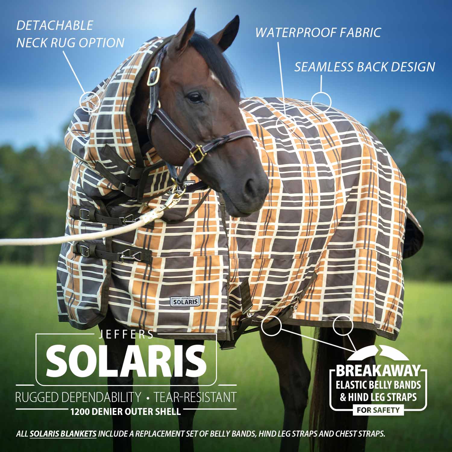 Solaris 1200 Denier Heavyweight Horse Turnout Blanket with Neck Rug. 360g Fill, Brown & Cream Plaid - Pet's Shop
