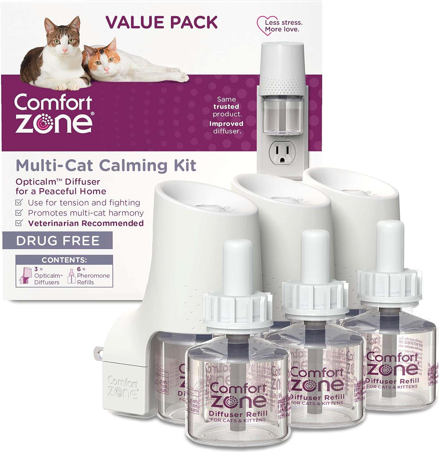 Comfort Zone MultiCat Calming Diffuser Kit, Cat Pheromone  3 Diffusers and 6 Refills-48ml, New Formula - Pet's Shop