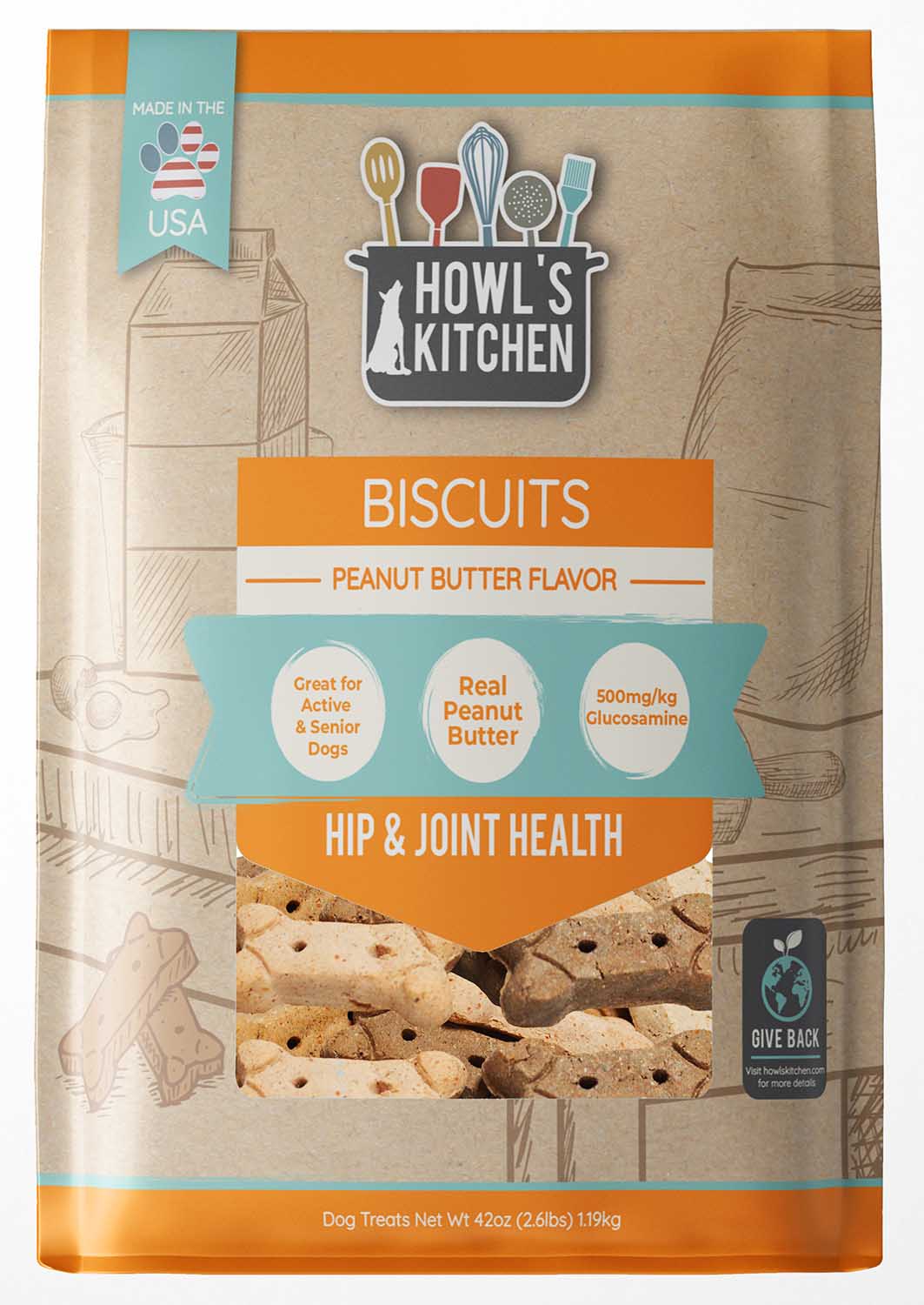 Howl's Kitchen Peanut Butter Flavor Hip & Joint Biscuits, 2.62 lbs - Pet's Shop