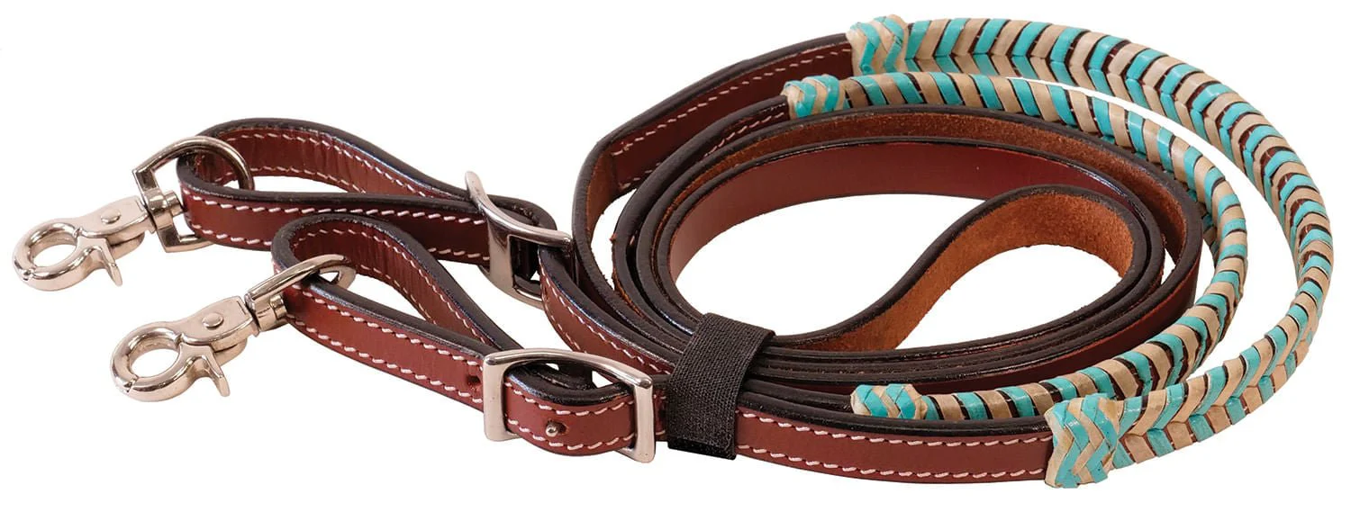 Buffalo Leather Turquoise Rawhide Laced Roping Rein, 7 ft - Pet's Shop