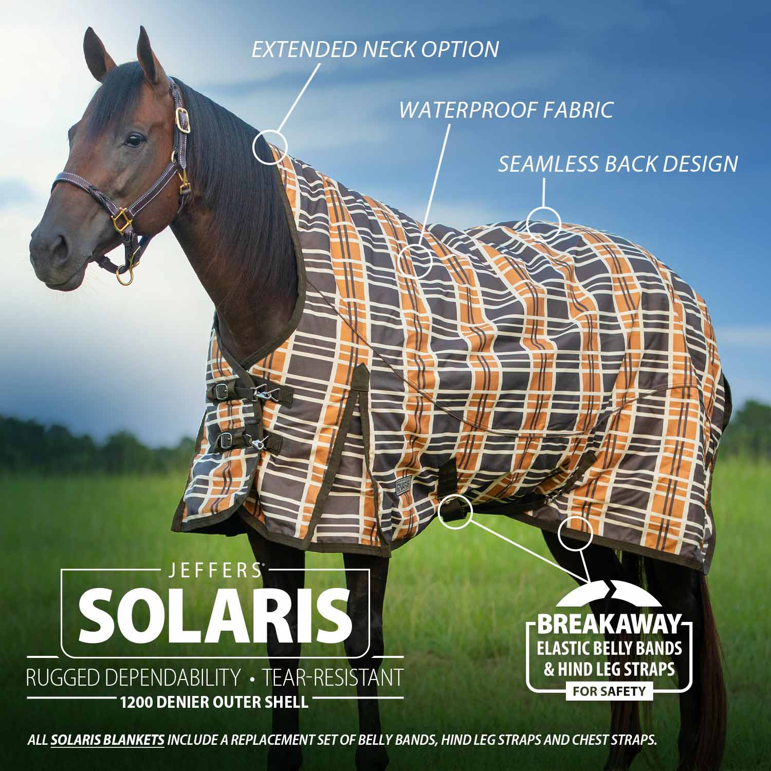 Solaris 1200D Extended Neck Horse Turnout Blanket, 240g Fill, Brown & Cream Plaid - Pet's Shop