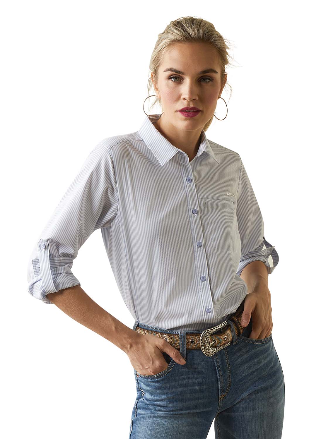 Ariat Women's VenTek Stretch Long sleeve Shirt, Blue Stripe - Pet's Shop