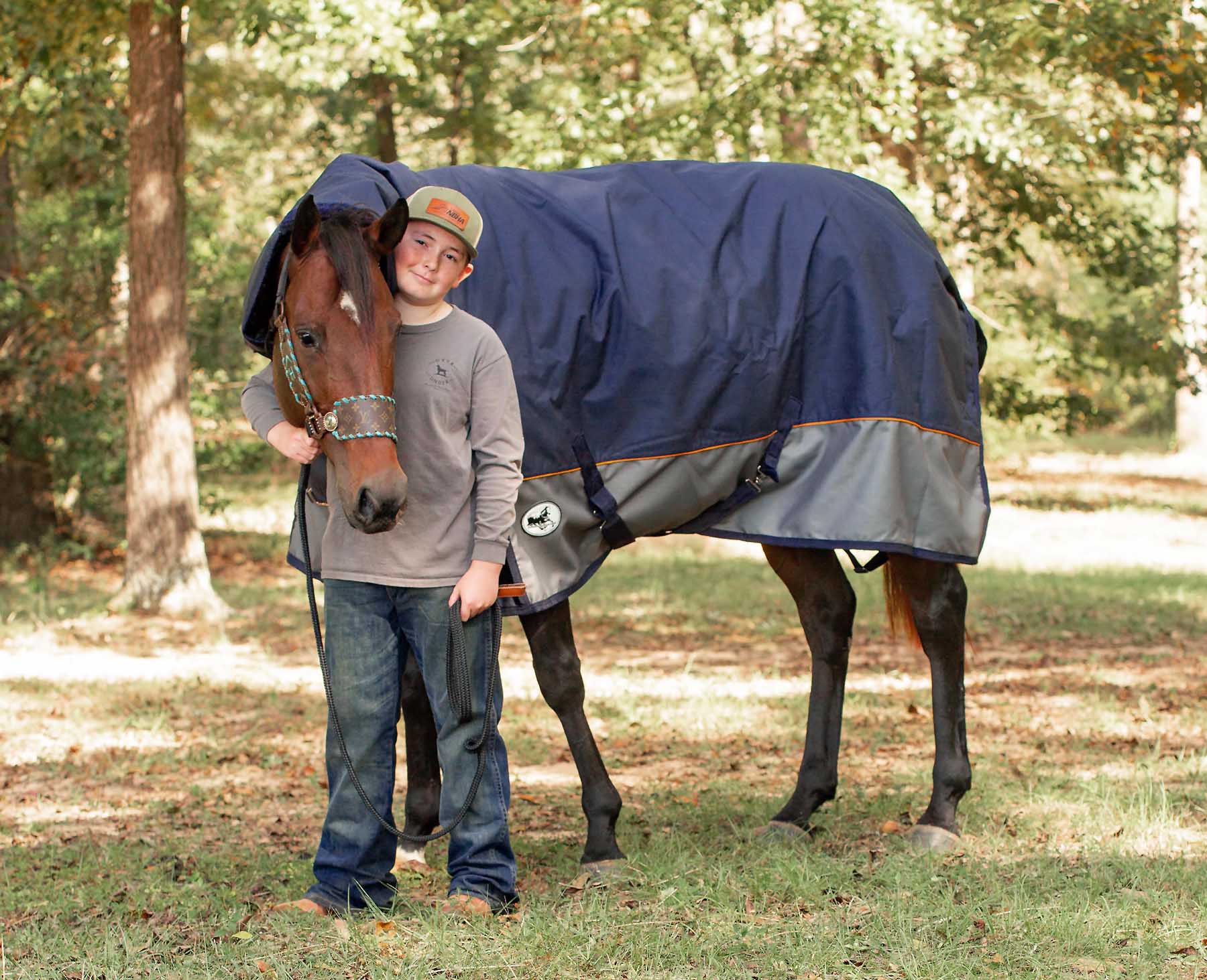 Economy Plus Combo Neck Horse Turnout Blanket, 1200D, 360g Fill, Navy/Gray - Pet's Shop