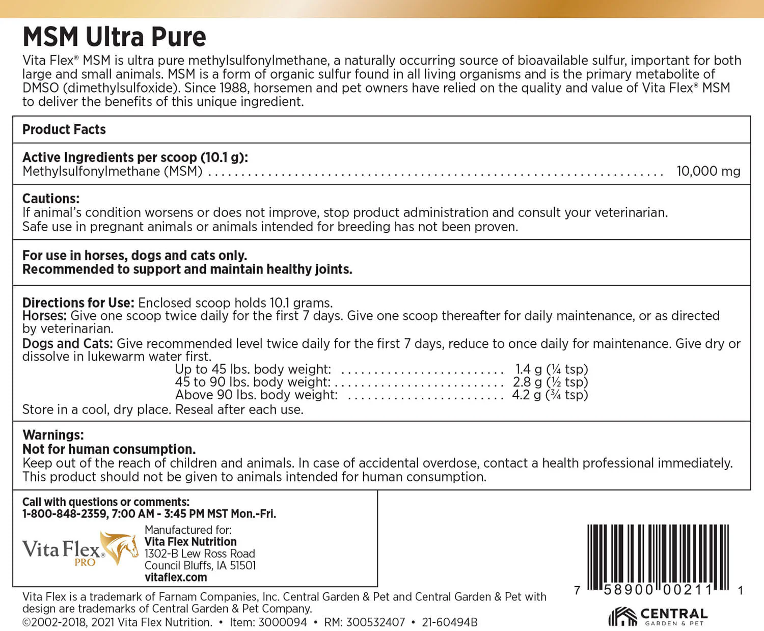 Vita Flex Pro MSM Quality Joint Supplement for Horses, Dogs and Cats - Pet's Shop