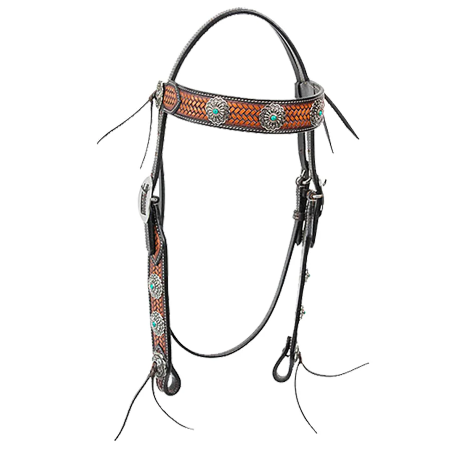 Cody Pro Turquoise Concho Browband Headstall with Basketweave Tooling - Pet's Shop