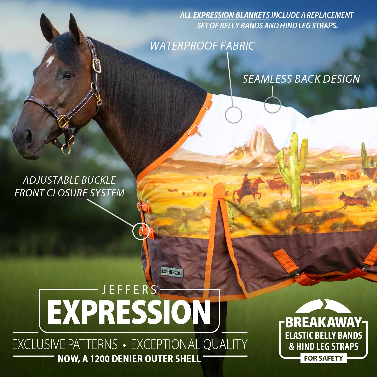 Expression 1200 Denier Standard Neck Turnout Sheet, 0 Gram, Cattle Drive - Pet's Shop