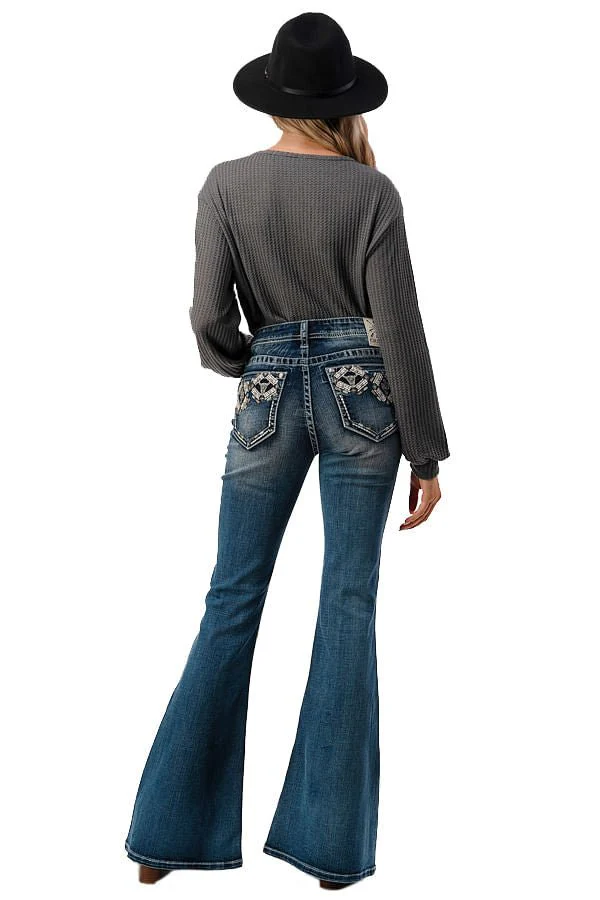 Grace in LA Aztec Embellished Mid Rise Flare Jeans - Pet's Shop