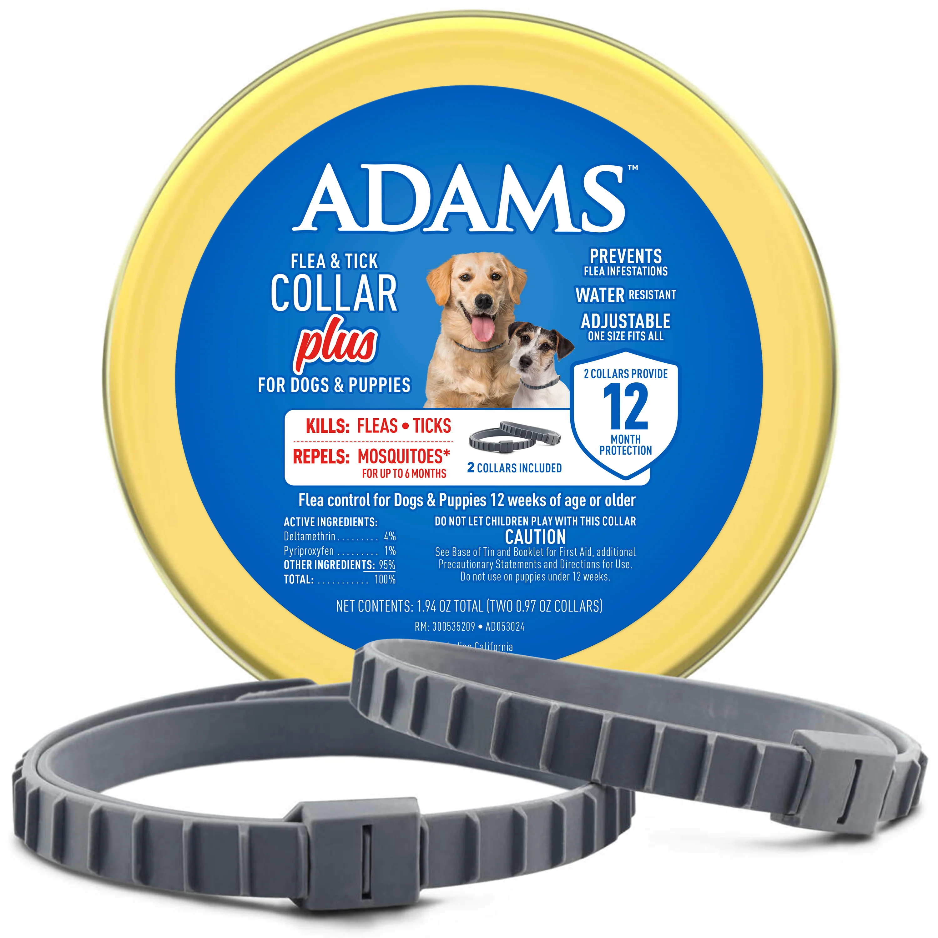 Adams Premium Flea & Tick Collar Plus for Dogs (2 pk/Gold Tin) - Pet's Shop