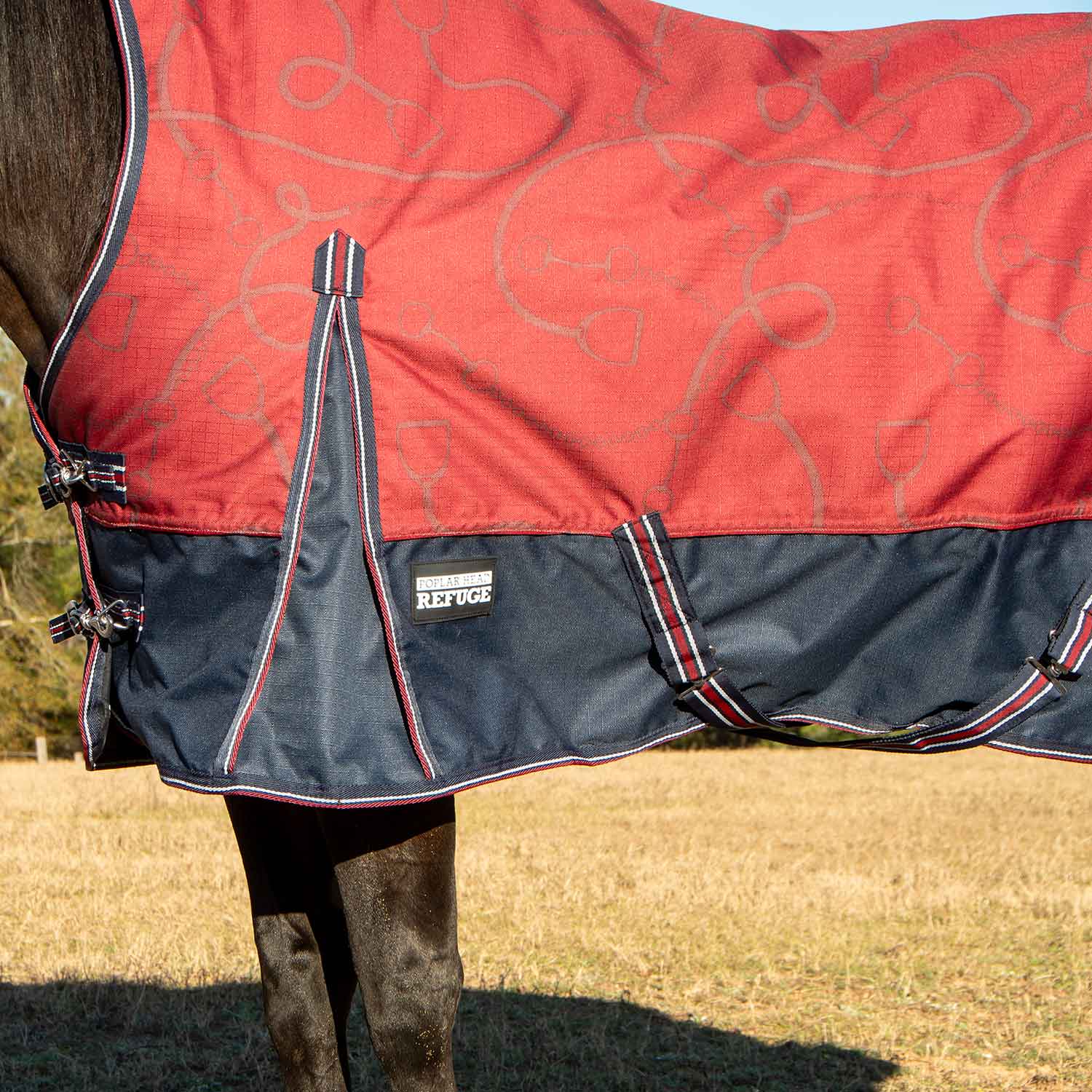 Poplar Head Uniquely English 1200 Denier Turnout Blanket with High Neck, 240 Gram, Merlot Snaffles & Irons - Pet's Shop