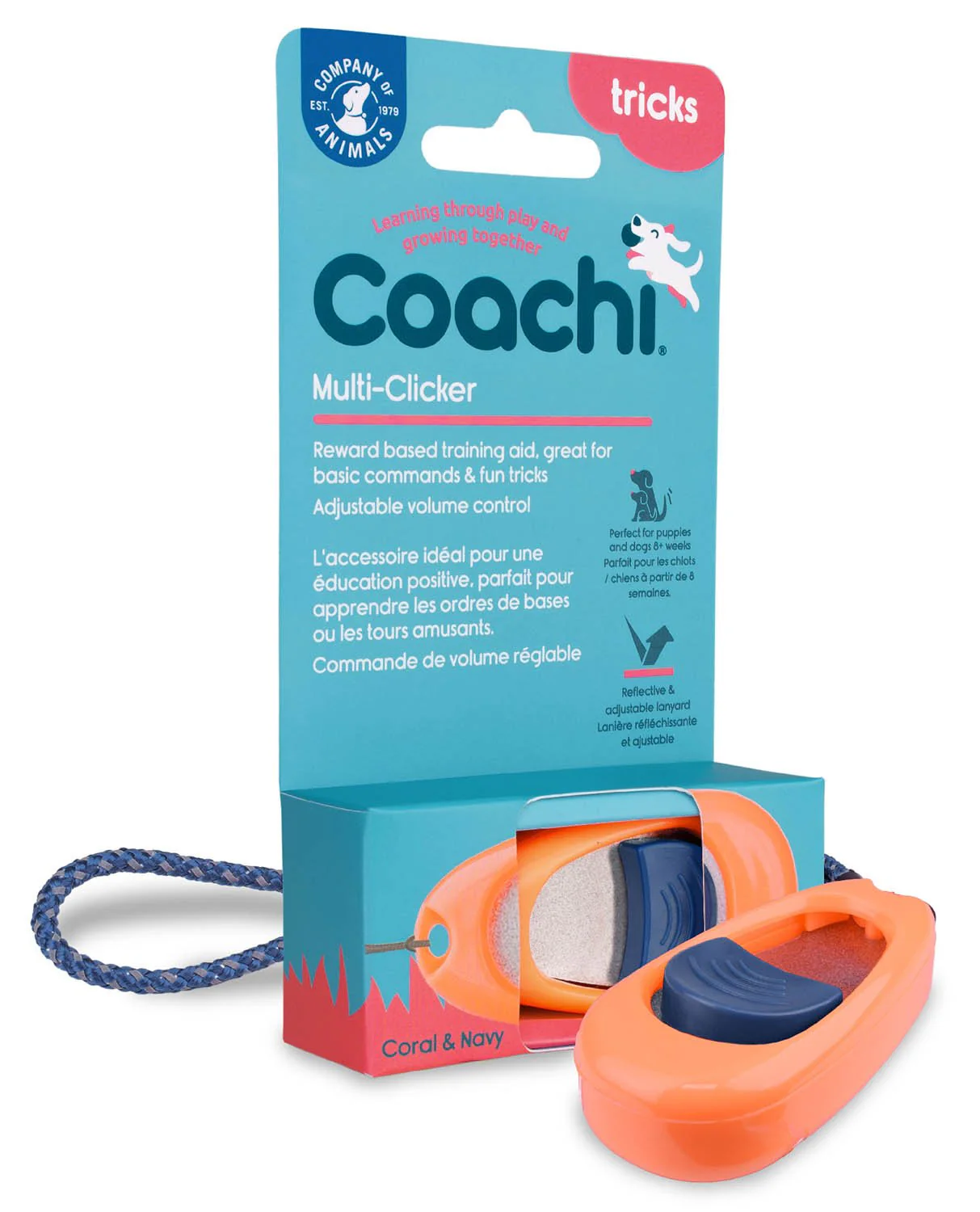 Coachi Multi-Clicker, Coral with Navy Button - Pet's Shop