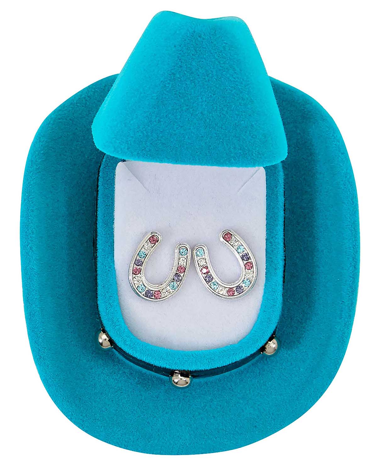 Multi Colored Horseshoe Earrings with Blue Cowboy Hat Box - Pet's Shop