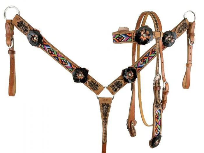 Showman Beaded Aztec & 3D Leather Flower Tack Set - Pet's Shop