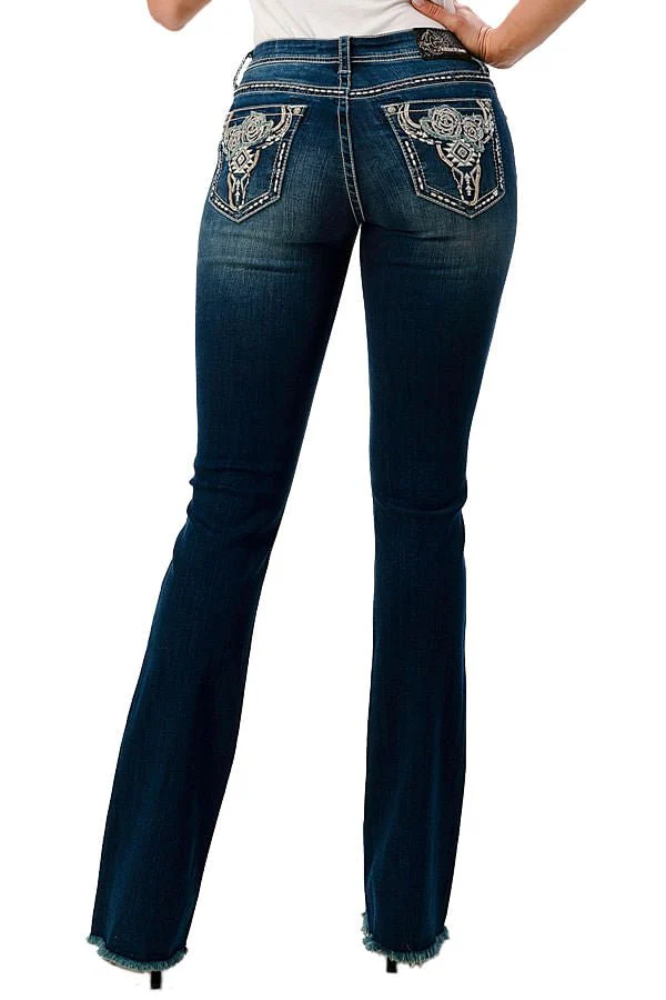 Grace in LA Floral Steer Head Embellished Mid Rise Bootcut Jeans - Pet's Shop