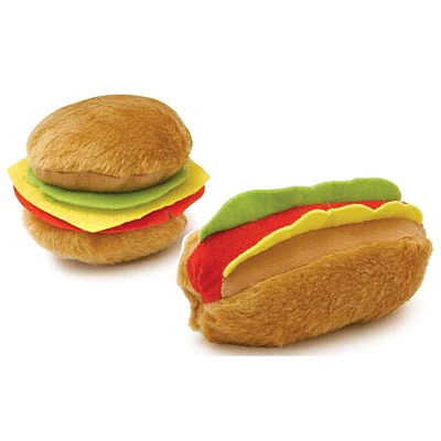 American Grill Time Plush Squeaker Dog Toys - Hamburger or Hot Dog - Pet's Shop