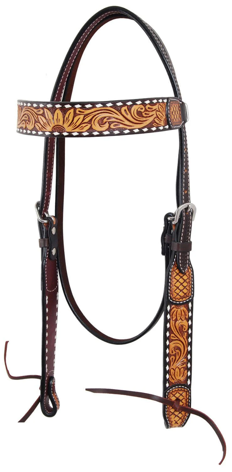 Rafter T Tooled Sunflower w/ Buckstitch Browband Headstall - Pet's Shop