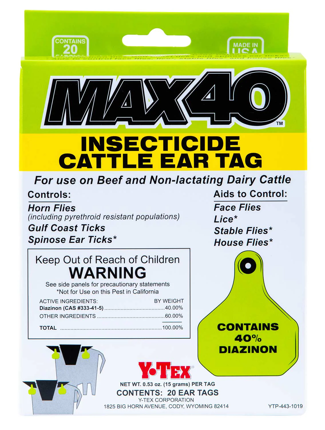Y-Tex Max 40 Insecticide Cattle Ear Tag, 20 Pack - Pet's Shop