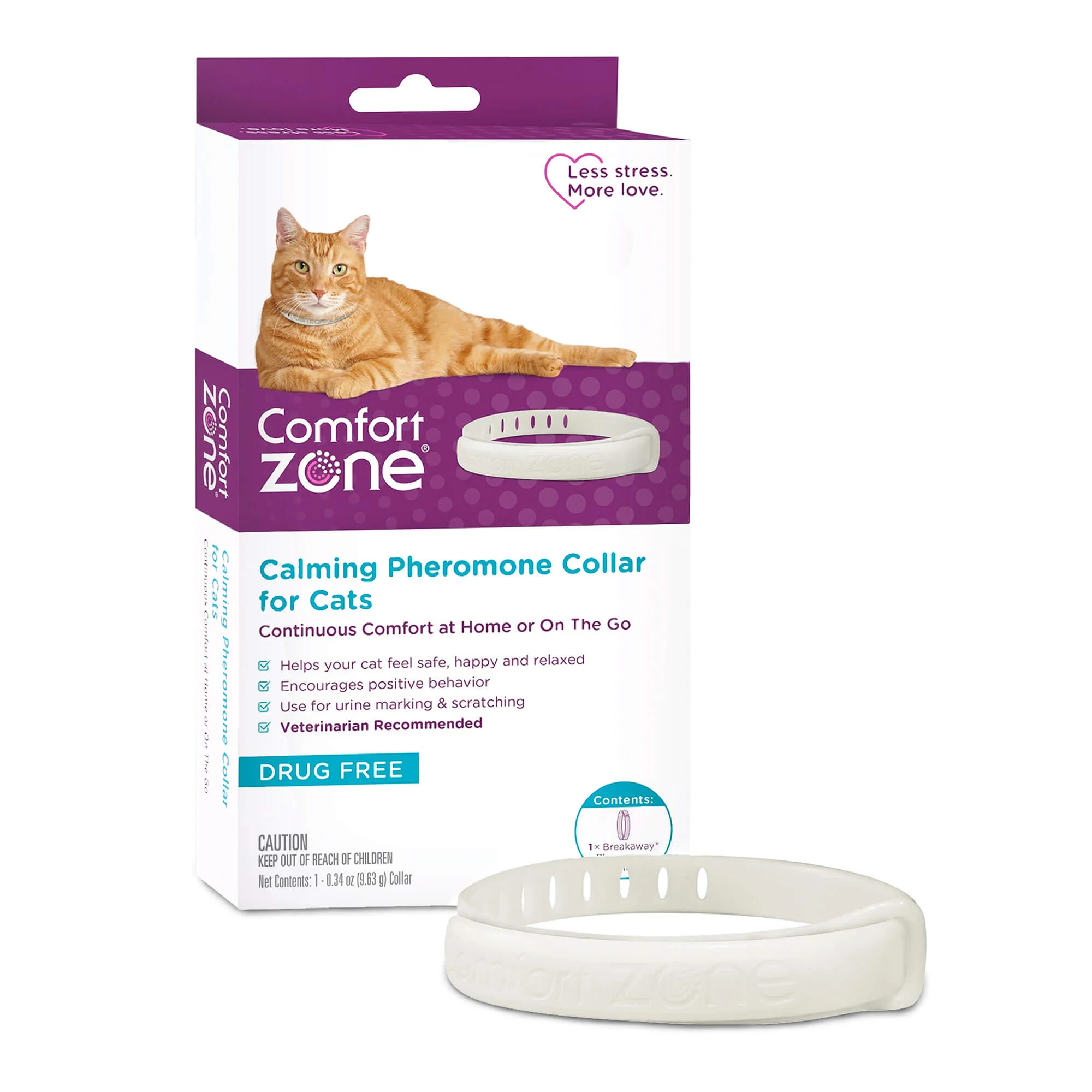 Comfort Zone Cat Calming Pheromone Collar, Anxiety & Stress Relief Aid, Breakaway Design, White - Pet's Shop