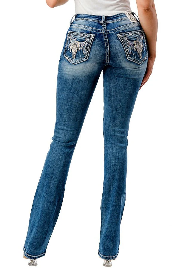 Grace in LA Steer Head Embroidered Mid Rise Bootcut Jeans - Pet's Shop
