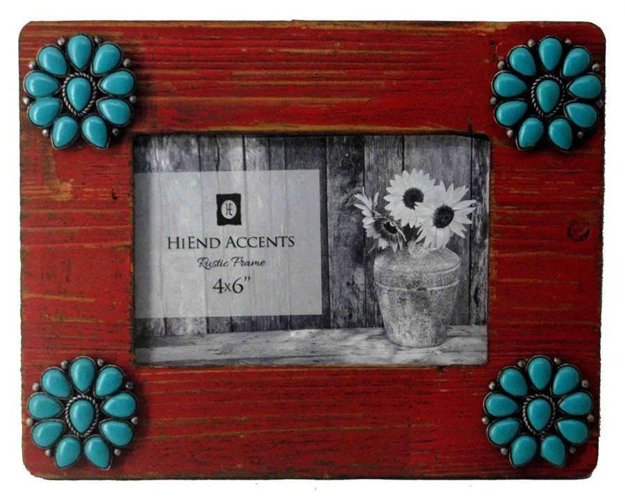 Red Picture Frame with Turquoise Squash Blossoms, 4
