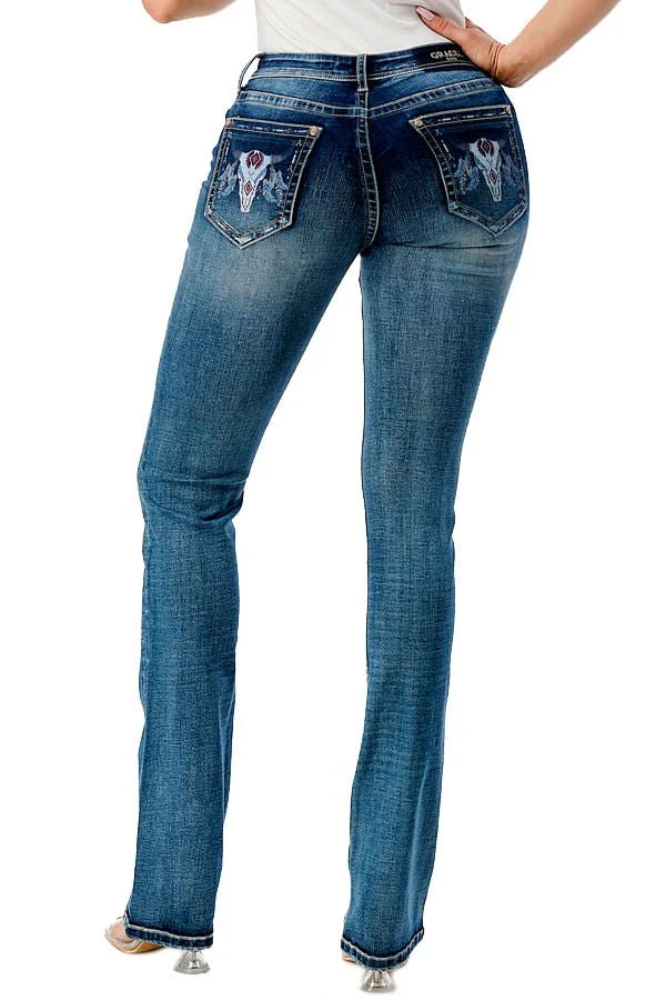 Grace in LA Steer Head Print Mid Rise Bootcut Jeans - Pet's Shop