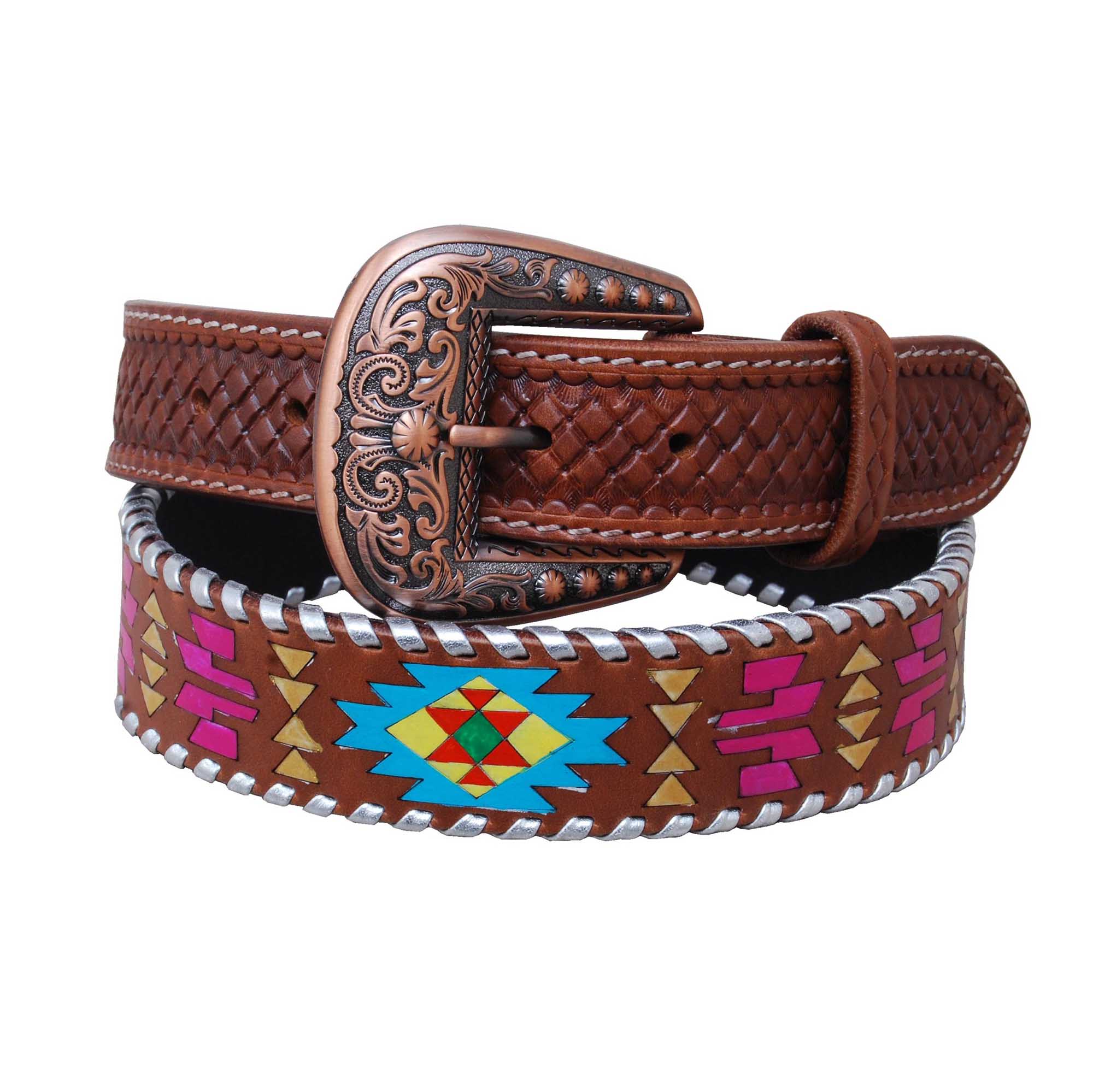 Rafter T Women's Painted Aztec & Silver Stitch Leather Belt - Pet's Shop
