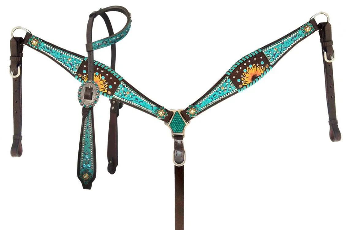 Showman Turquoise Filigree & Sunflower Headstall and Breast Collar - Pet's Shop