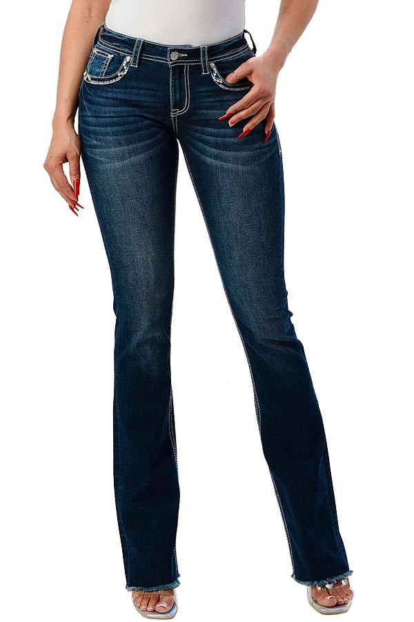 Grace in LA Women's Western Horseshoe Embellished Mid Rise Stretch Bootcut Jeans - Pet's Shop