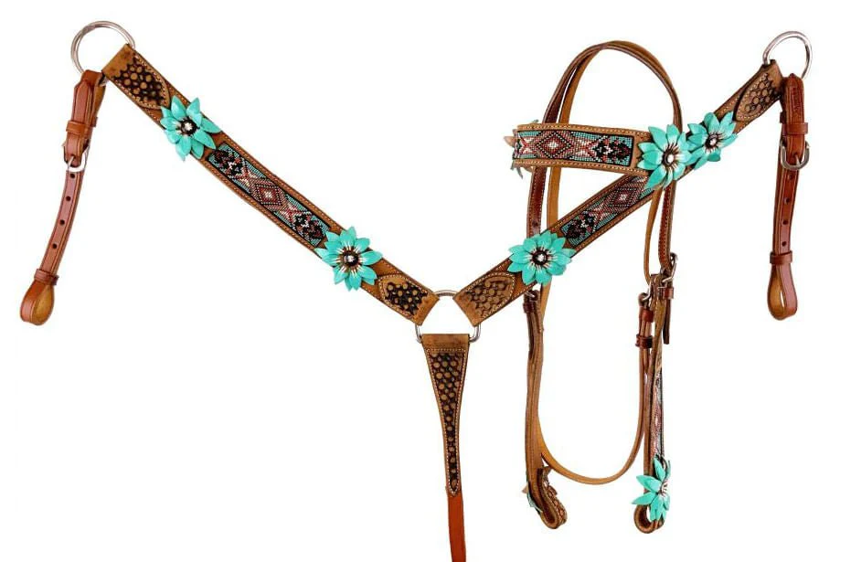 Showman 3D Flower and Beaded Aztec Horse Tack Set - Pet's Shop
