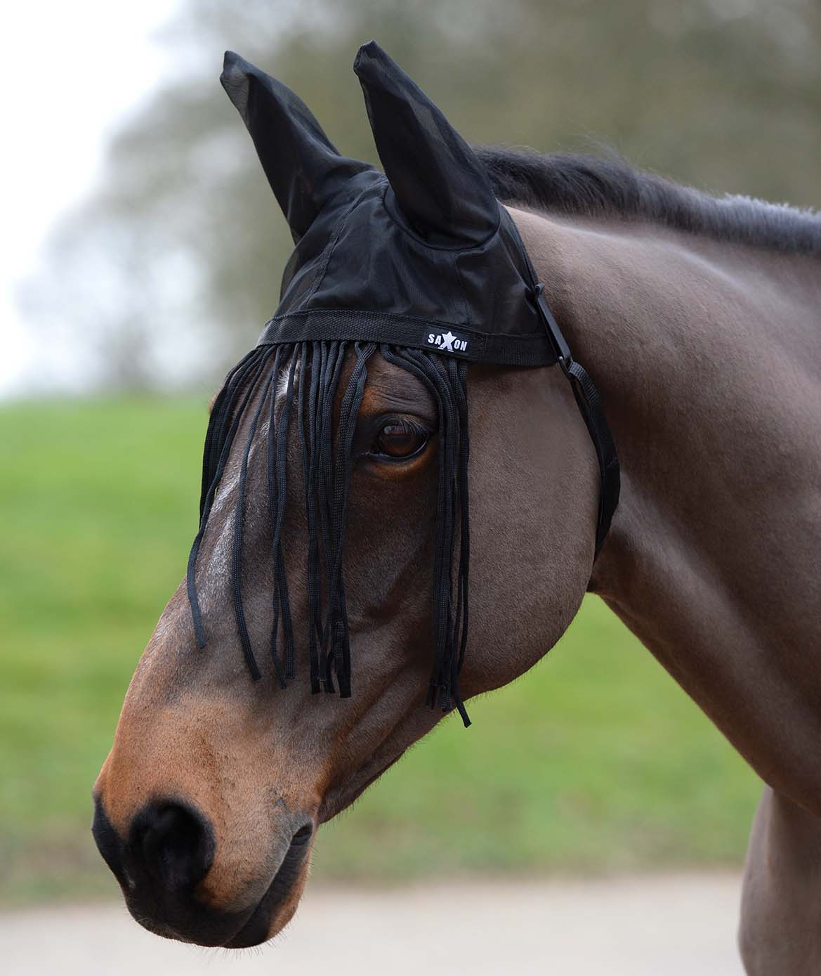 Saxon Fly Fringe Bonnet for Horses with Ears, Black - Pet's Shop