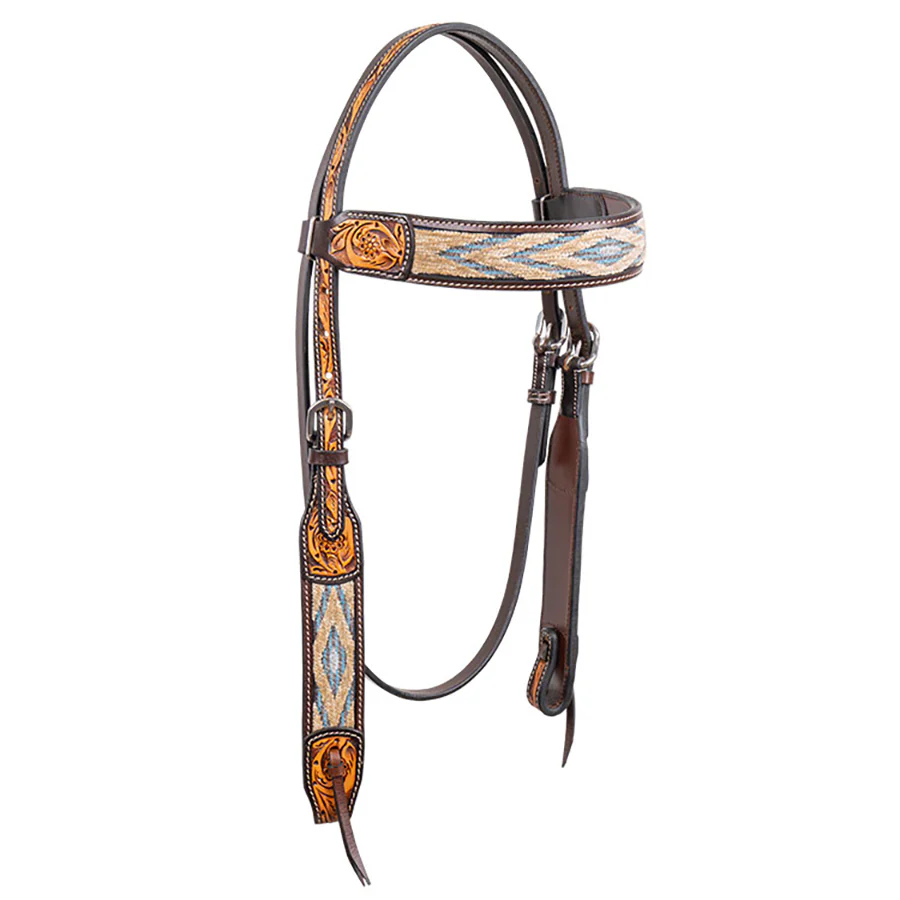 Cody Pro Blue & Beige Inlay Browband Headstall with Floral Tooling - Pet's Shop